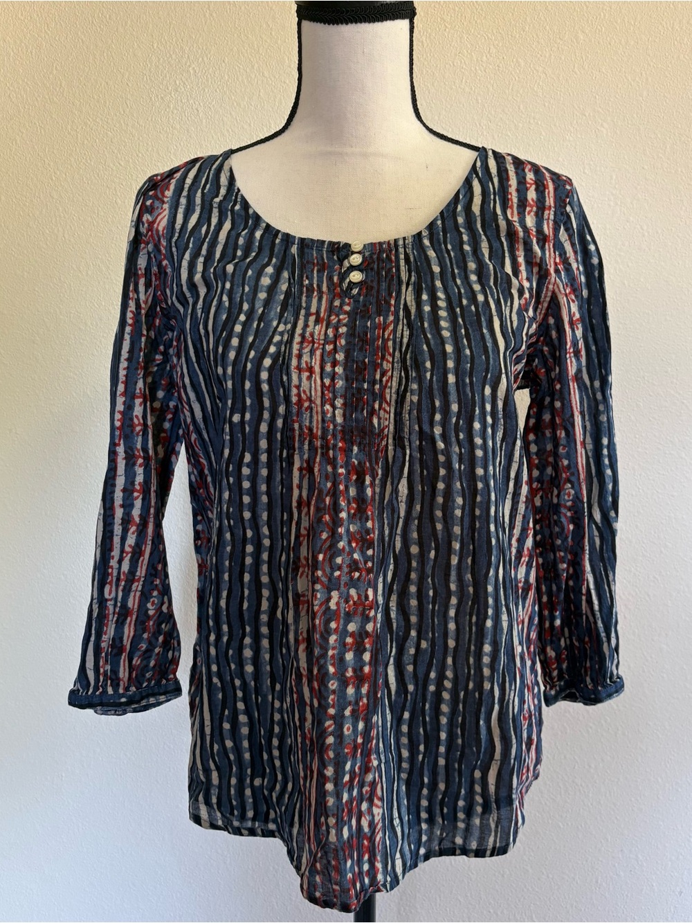 Lauren Ralph Lauren Navy, Red & Cream Patterned Long Sleeve Scoop Neck Blouse